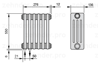 Схема (чертеж) Радиатор Zehnder Charleston 4055/6 №3370 Белый глянцевый RAL 9016
